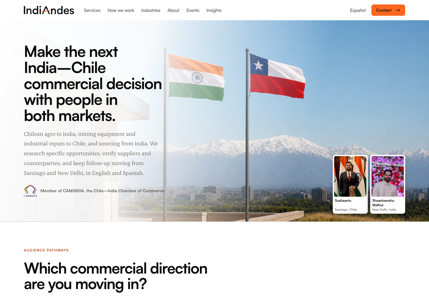 IndiAndes homepage for India–Chile sourcing and market entry